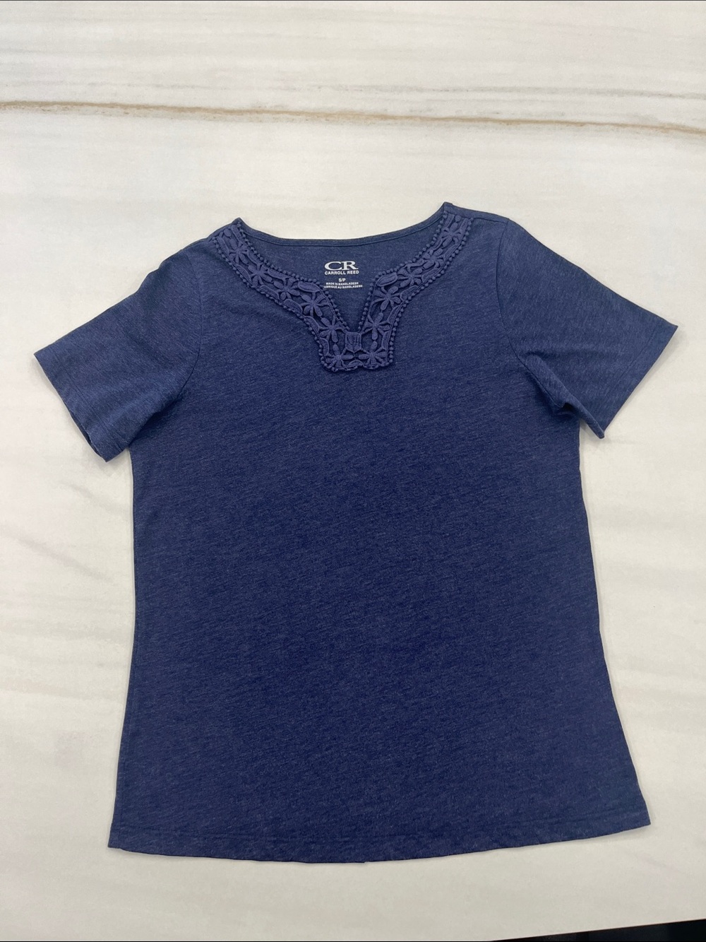 Crochet-Trim Navy Short Sleeve Tee by CR